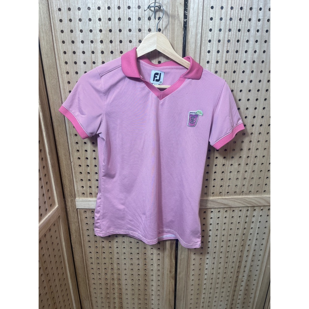 FootJoy Womens Pink Micro Stripe V-Neck Golf Polo Shirt Cocktail Graphic XS